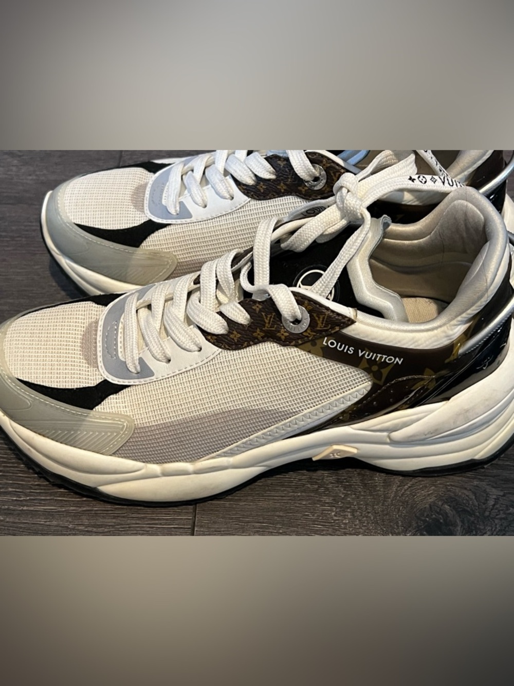 Louis Vuitton Women’s White and Brown Monogram Run Away Sneakers